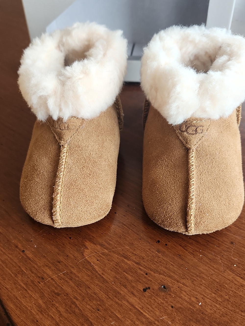 UGG Baby Chestnut Suede Sheepskin Booties with Cream Fur Trim